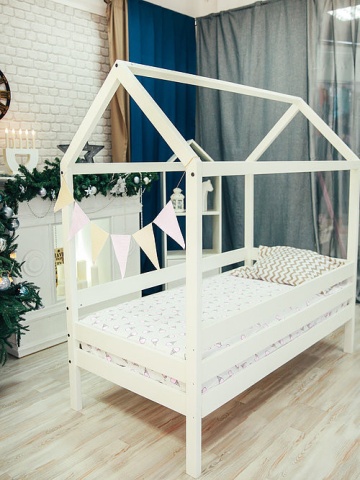 Кровать Сказка Массив (Домик) Белая/Спальное Место  800 х 1600 мм